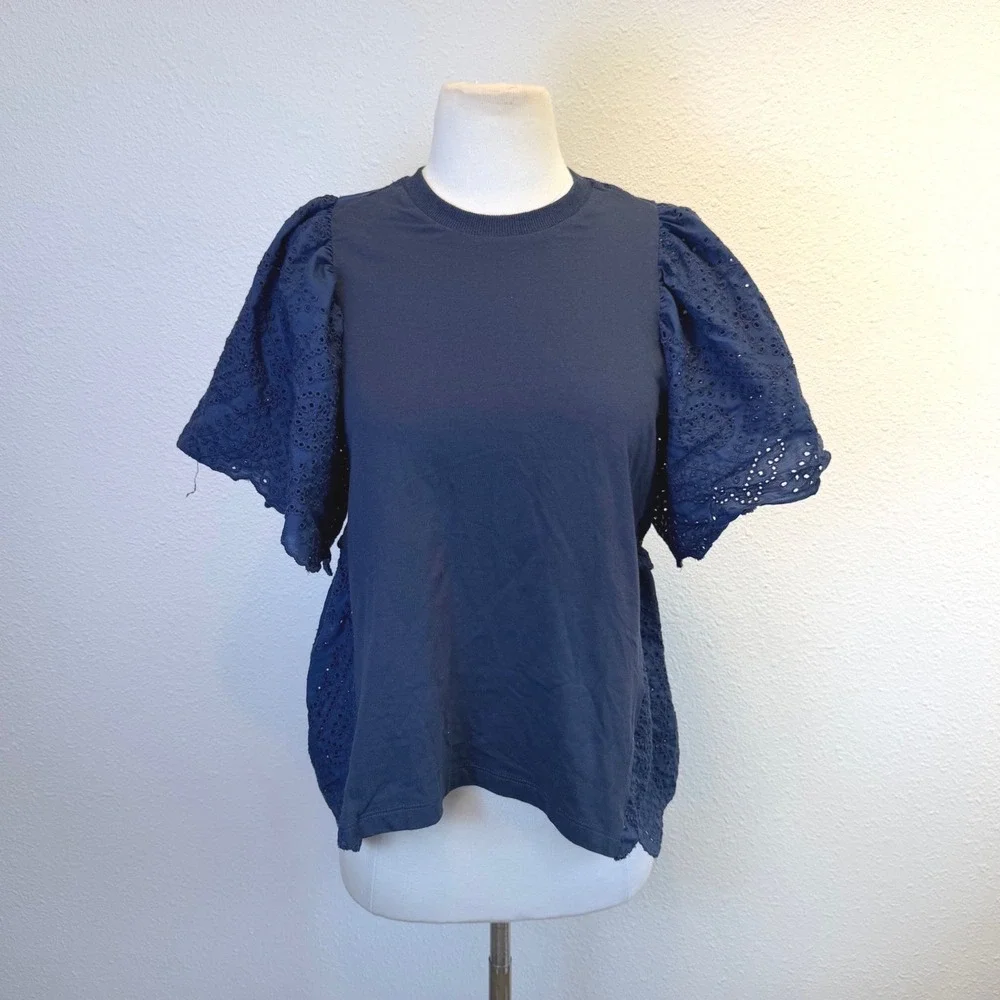 NWT Pomander Place Navy Blue Puff Sleeve Eyelet Lace Blouse Womens XS Old Money